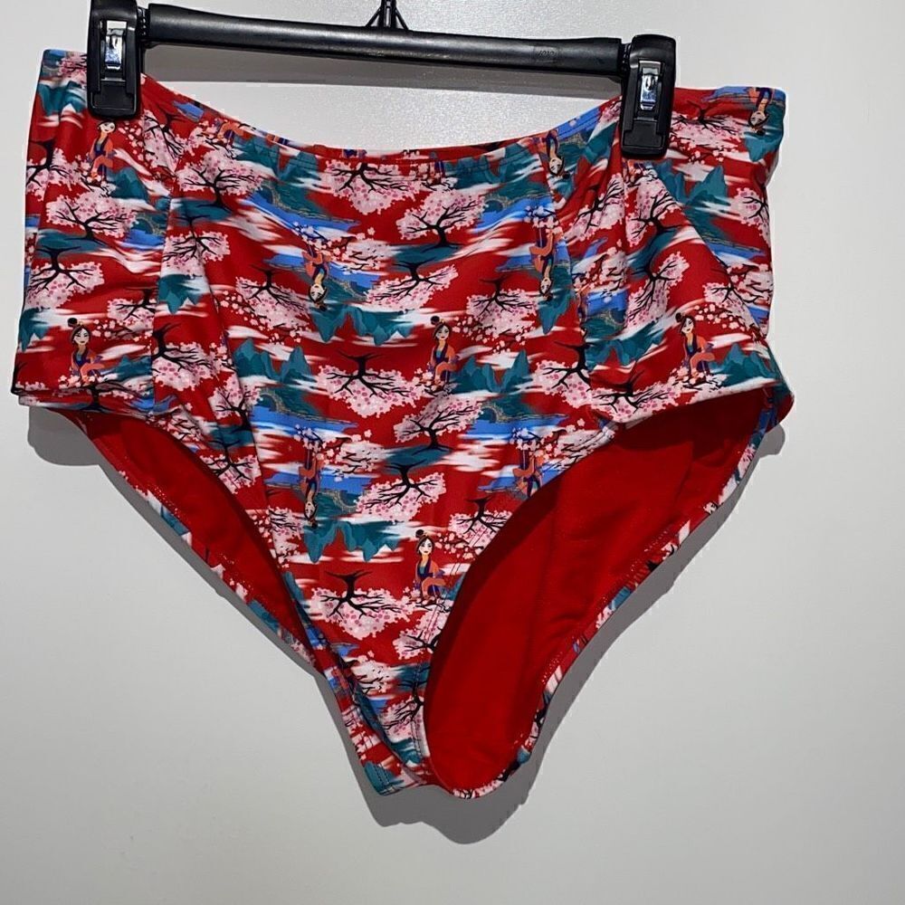 Disney Hot Topic Women's Mulan Print Red Hipster Swim Bottom Size XXL